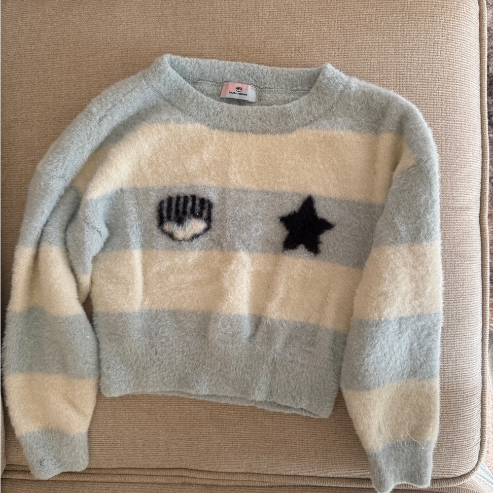 Chiara Ferragni Blue and Cream Crew Neck Sweater for girls  5-7 years old